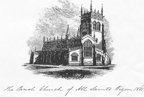 engraving of All Saints Church Wigan dated 1861